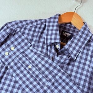 Lands End Button Down Shirt Mens Small Blue Gingham Preppy Office Casual Coastal